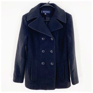 AK Anne Klein Black Double Breasted Wool Blend Pea Coat Women's Size S w Pockets